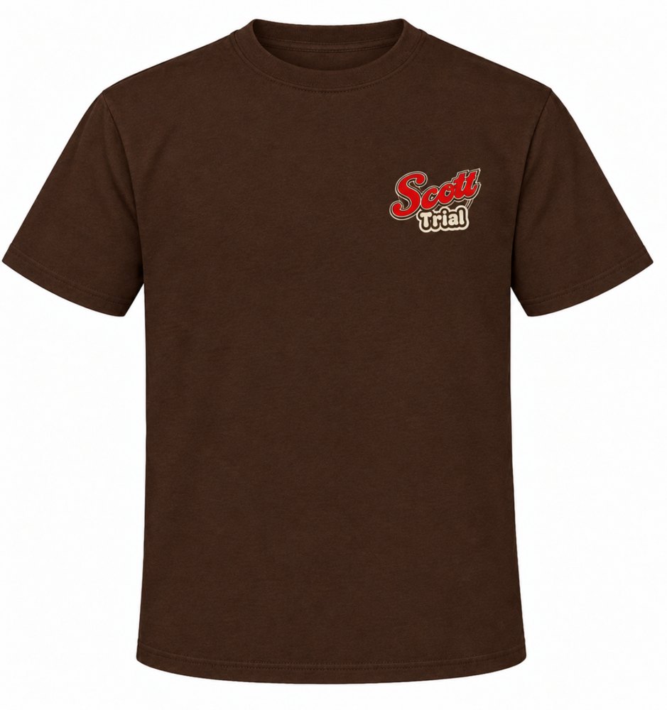 Brown Centenary Scott Trial t-shirt front with Scott Trial chest logo